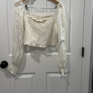 aerie Cream Smocked Long-Sleeve Crop Top